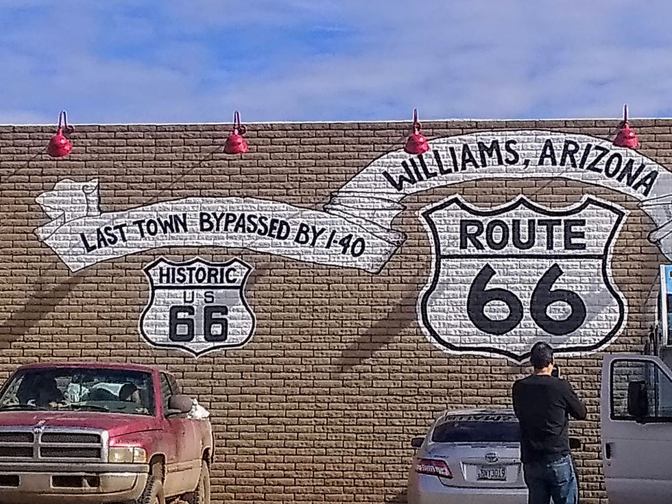Historic Route 66 mural on a downtown building in Williams, Arizona