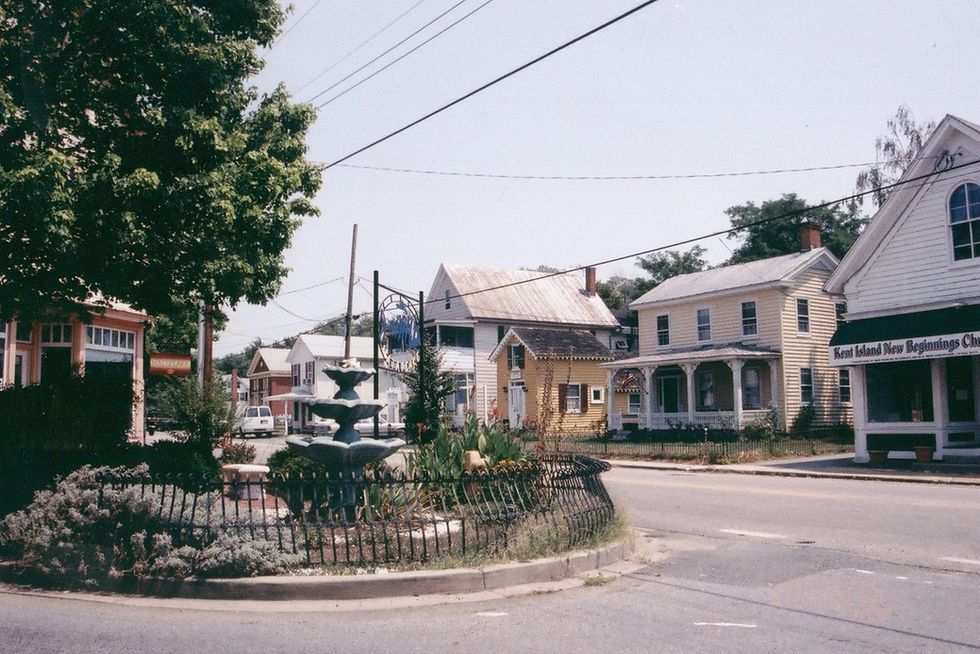 Downtown Stevensville fountain and historic streetscape on Kent Island, photograph
