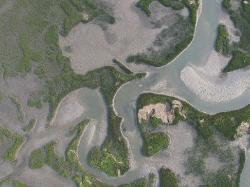 Aerial view of winding tidal creeks and green salt marsh near Wrightsville Beach, North Carolina, with a small boat running a channel