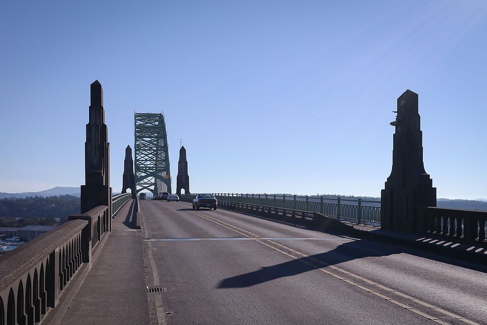 Highway 101 crossing the arched Yaquina Bay Bridge in Newport Oregon on a clear day