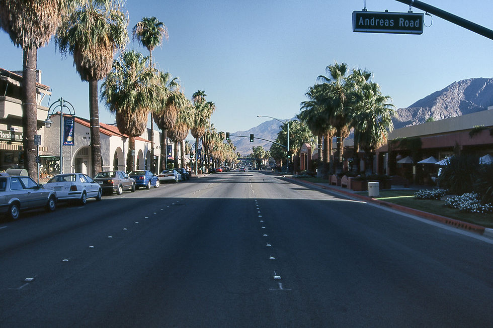 Palm Canyon Drive at Andreas Road in downtown Palm Springs lined with fan palms under blue sky