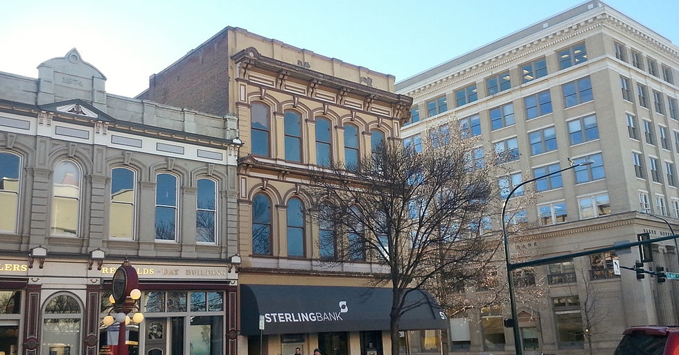Historic brick and stone bank buildings at Second and Main in downtown Walla Walla