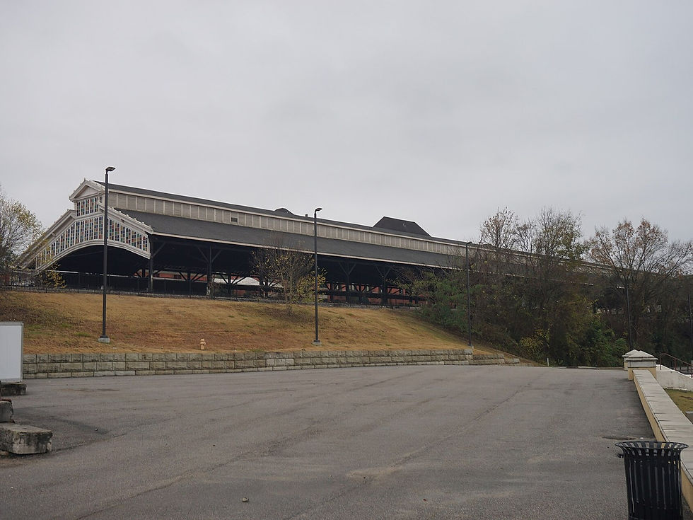 Montgomery Union Station trainshed from Riverfront Park, 2018 — structure and slope, no people as subject