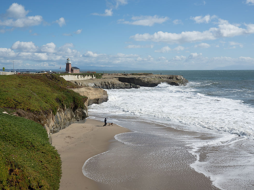 Waves on a cove below West Cliff Drive in Santa Cruz with the surfing lighthouse