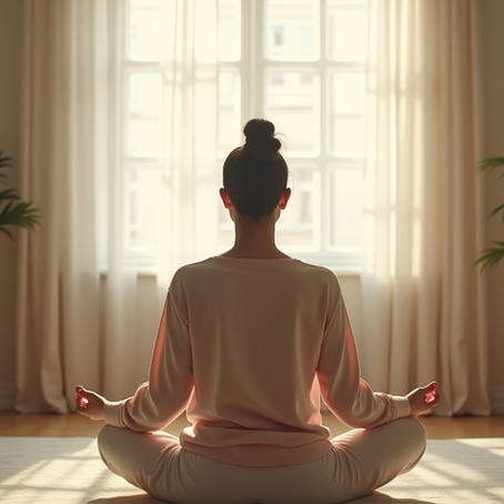 Ein Frau meditiert vor dem Fenster
