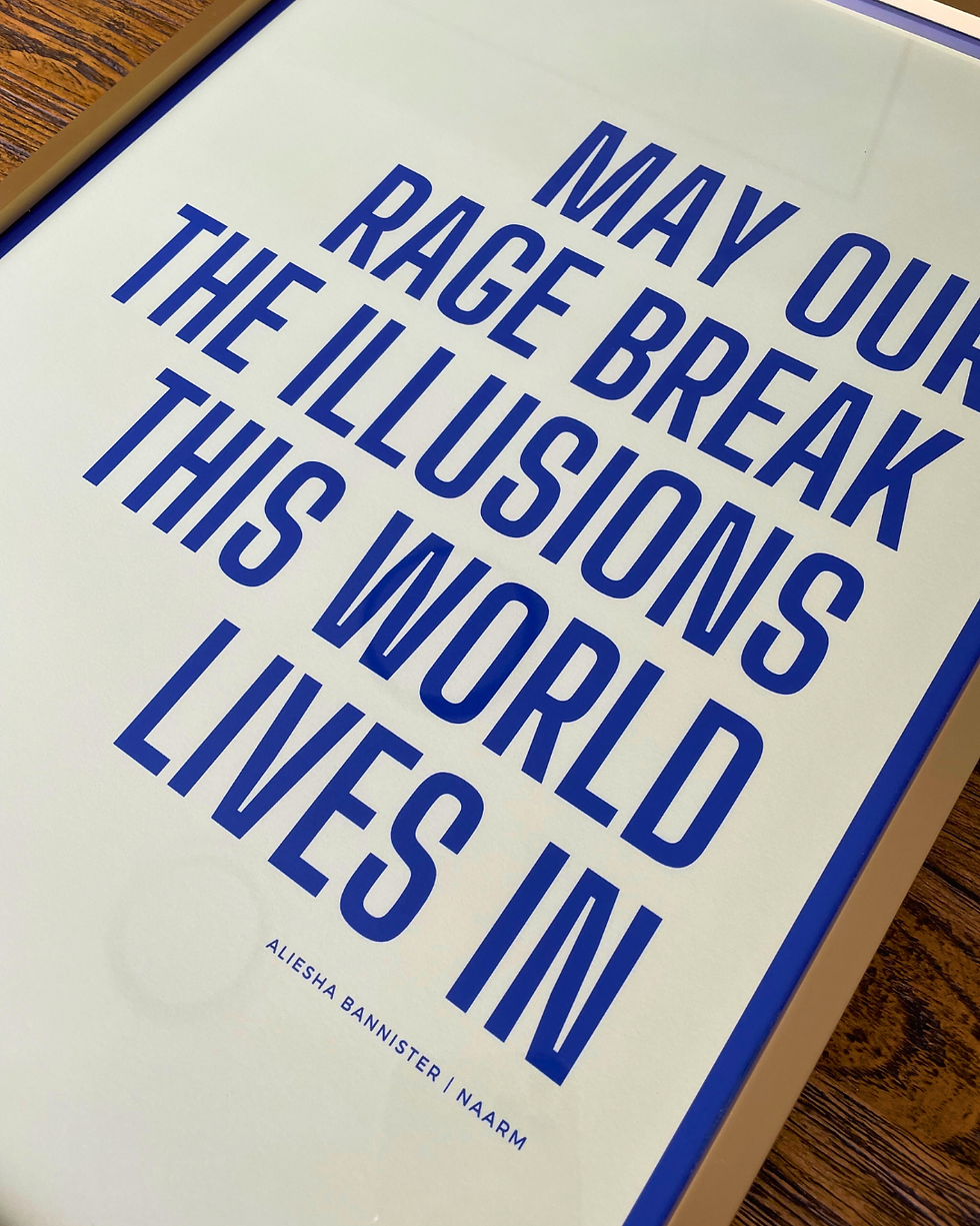 framed copy of aliesha bannister's poem 'break the illusions'