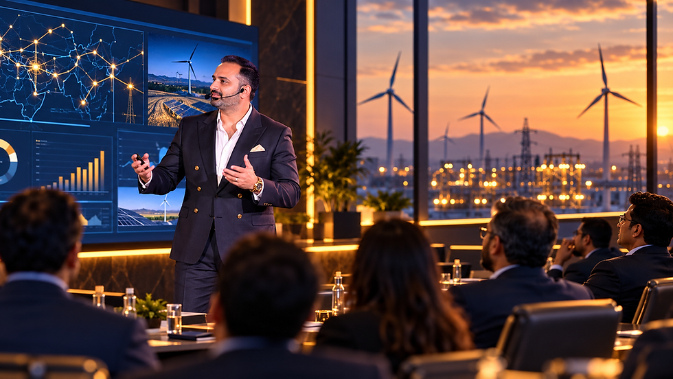 AI-generated editorial illustration of Parikshit Khanna teaching Power Sector AI in a cinematic luxury suit