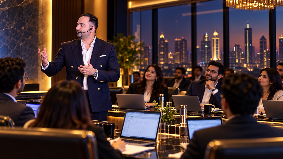 AI-generated editorial illustration of Parikshit Khanna teaching Claude Training in a cinematic luxury suit