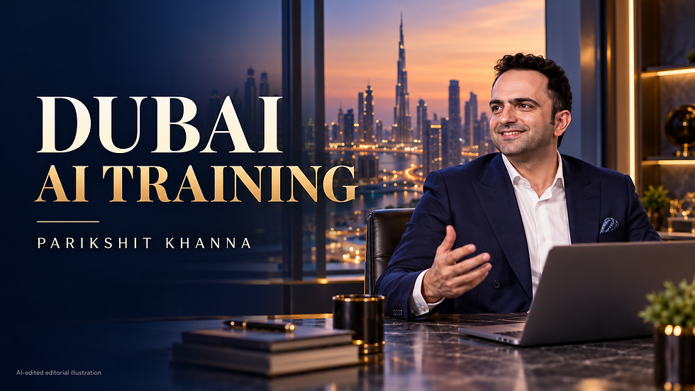 AI-edited editorial cover featuring Parikshit Khanna in a navy suit for AI TRAINING FOR HEALTHCARE PHARMACEUTICALS COMPANIES IN DUBAI