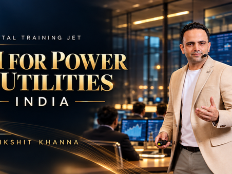 Parikshit Khanna teaching in a luxury AI-generated promotional setting, with AI Training for Power and Utility Companies in India: Reporting, Procurement and Knowledge Work headline
