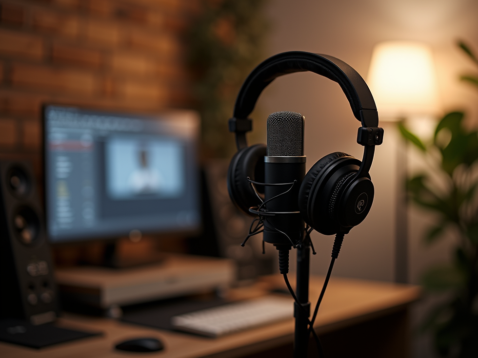 Podcast recording studio with a microphone and headphones