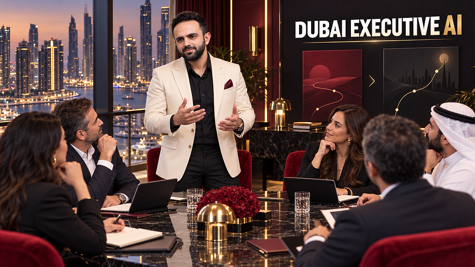 Parikshit Khanna leading an executive Claude and GPT-6 workshop in a luxury Dubai boardroom