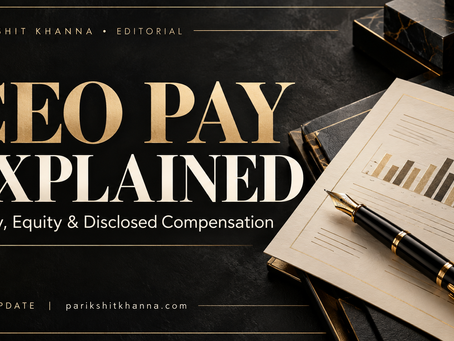 Black and gold editorial cover: CEO Pay Explained: Salary, Equity & Disclosed Compensation. Parikshit Khanna, 2026 update.