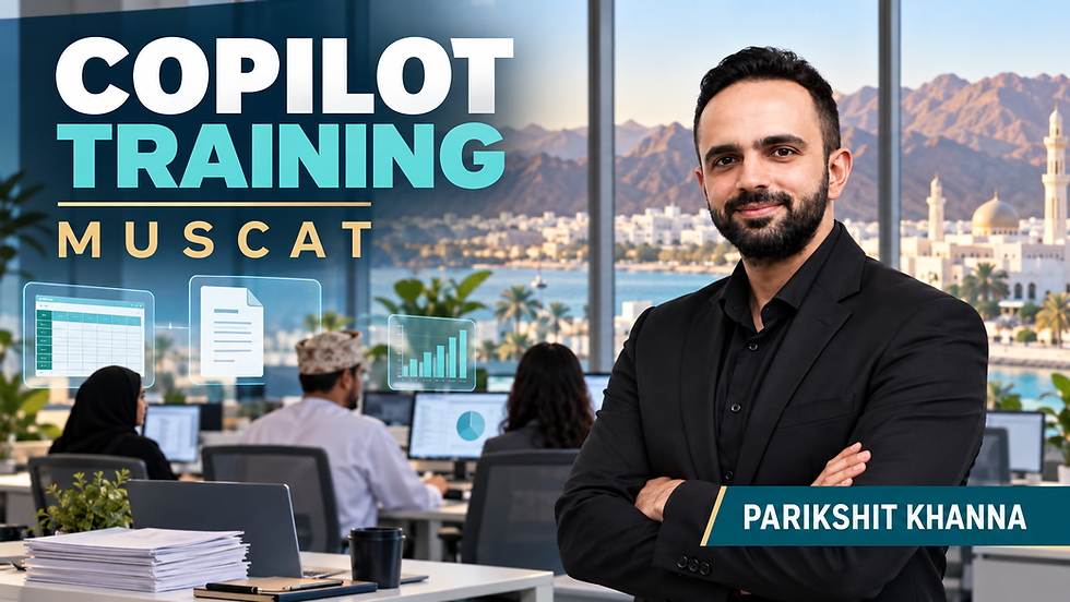 Parikshit Khanna with Microsoft Copilot workflow graphics for shared-services training in Muscat