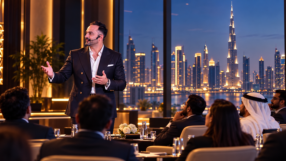 AI-generated editorial illustration of Parikshit Khanna teaching AI Training Dubai in a cinematic luxury suit