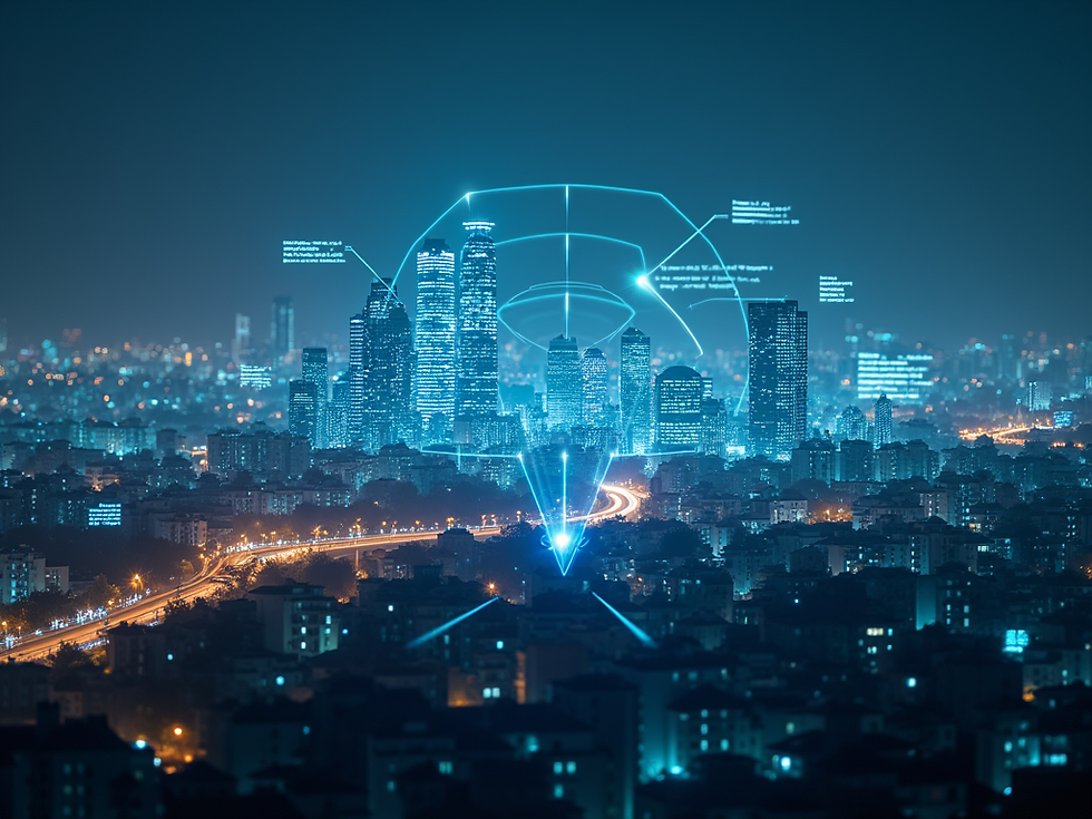 AI-generated illustration: an Indian city with AI interfaces and voice wave graphics
