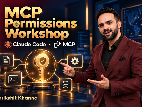 Parikshit Khanna introducing MCP Permissions Workshop with gold lettering and Claude Code · MCP tool names.