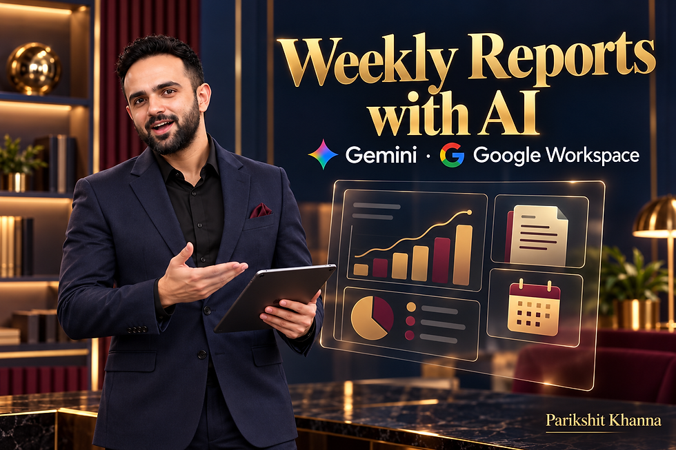 Parikshit Khanna introducing Weekly Reports with AI with gold lettering and Gemini · Google Workspace tool names.