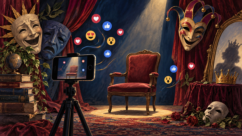 Symbolic illustration of a digital persona surrounded by social media icons