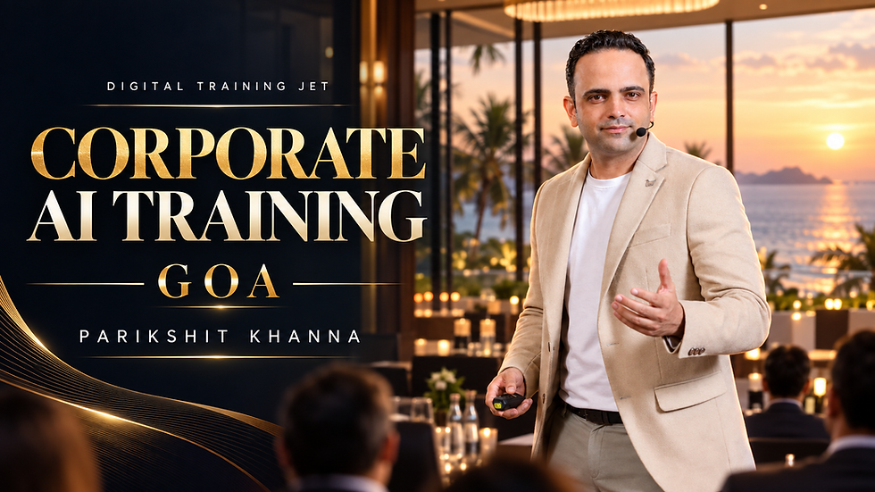 Parikshit Khanna teaching in a luxury AI-generated promotional setting, with Corporate AI Training in Goa: A Practical Workshop for Hospitality and Leadership Teams headline