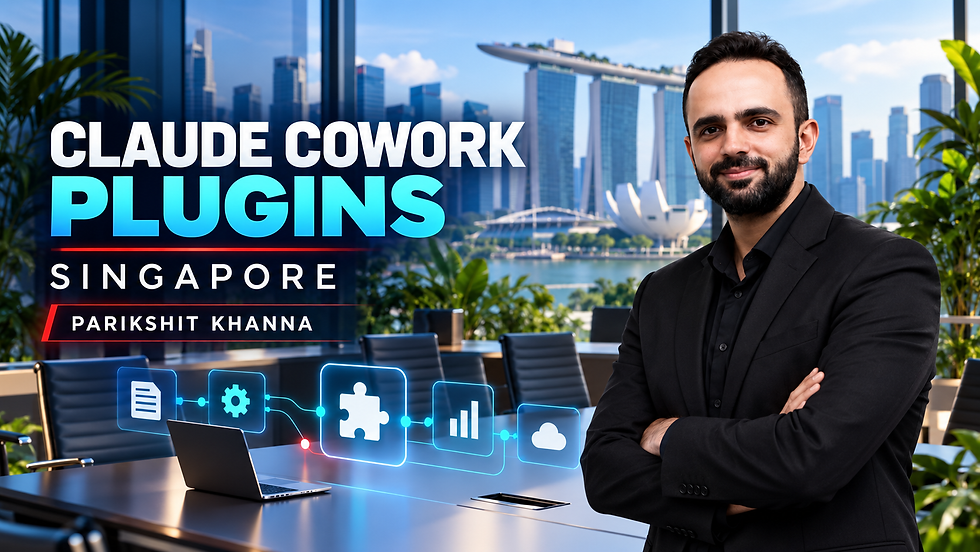 Parikshit Khanna beside APAC workflow graphics for Claude Cowork plugin training in Singapore