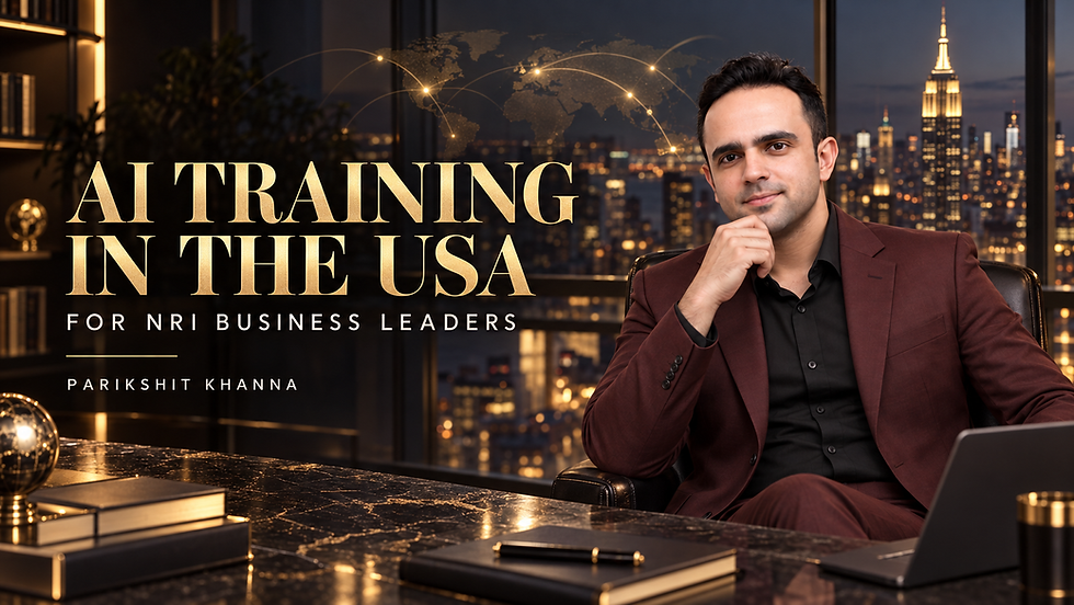 Parikshit Khanna in a luxury American executive setting with the words AI Training in the USA