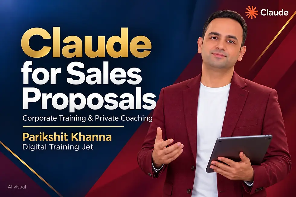 Parikshit Khanna, Digital Training Jet — Claude for Sales Proposals: Keep Scope and Commitments Accurate. AI promotional portrait with Claude tool mark.