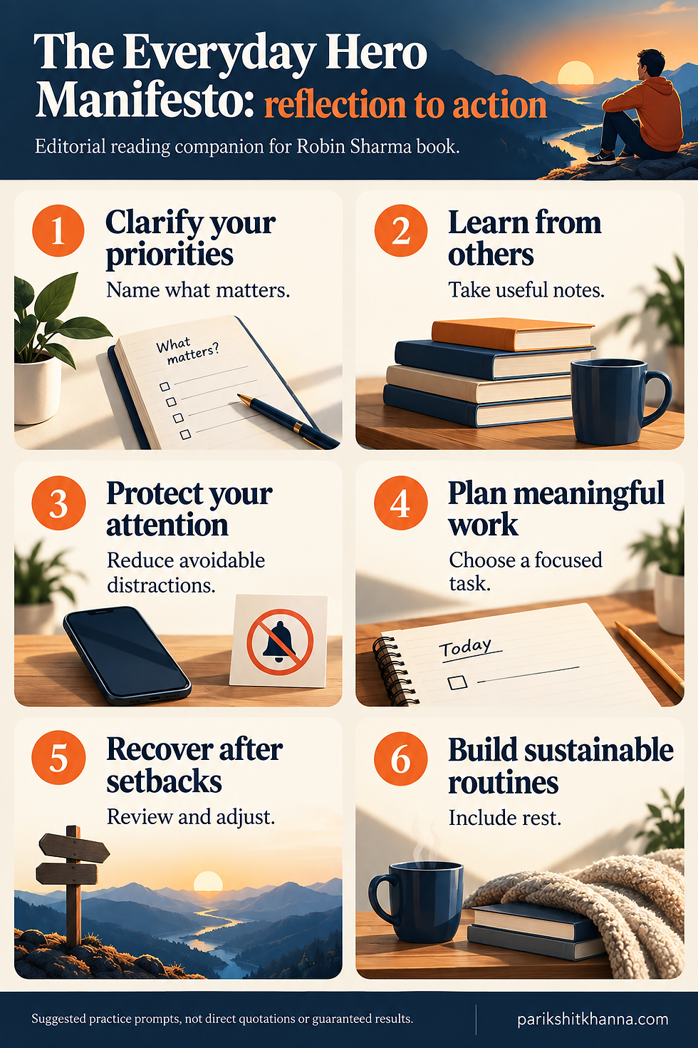 The Everyday Hero Manifesto reading prompts: focus, consistent practice, reflection, service and a purposeful daily routine.