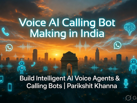 AI-generated banner for Parikshit Khanna’s voice AI calling bot services in India, with a sunset skyline and voice agent icons.