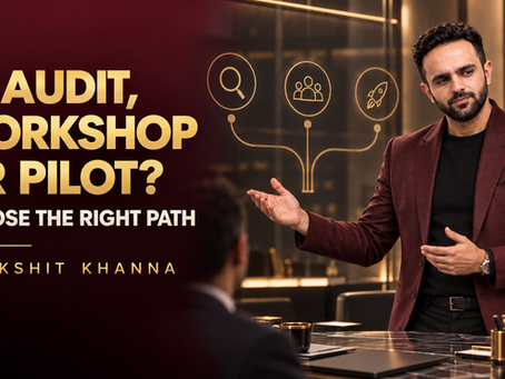 Parikshit Khanna compares AI audits, workshops, pilots and partners in a burgundy and gold decision-guide banner.