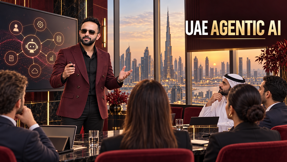Parikshit Khanna teaching UAE professionals agentic AI in a luxury red and gold training suite