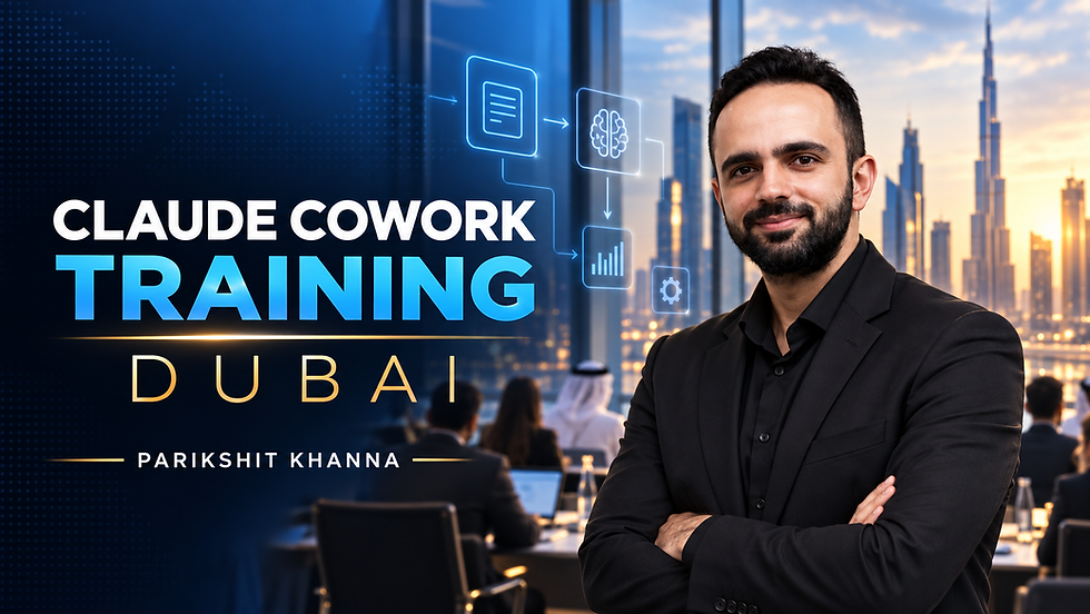 Parikshit Khanna presenting Claude Cowork training in Dubai with sales, HR and operations workflow text