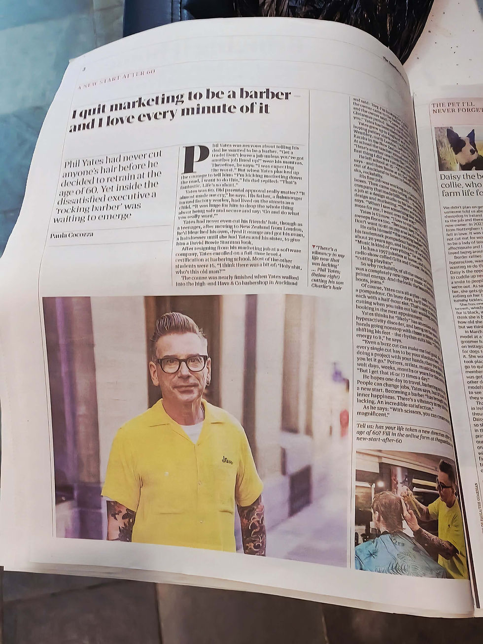 Magazine spread of a tattooed man in a yellow shirt and glasses, with barber photos and text about a new start after 60
