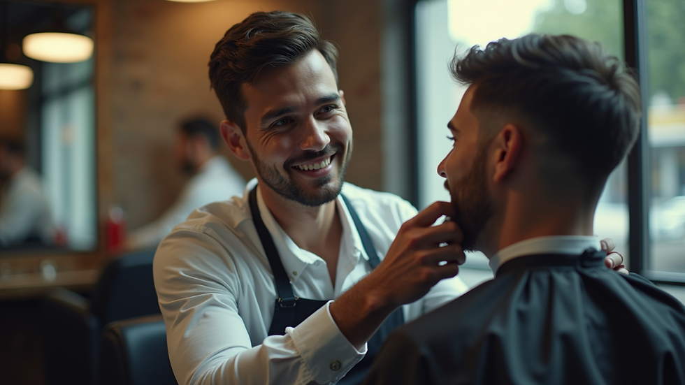 Wide angle view of a modern barber shop showcasing a satisfied customer