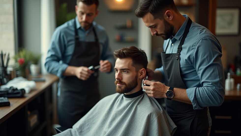 High angle view of a barber performing a haircut