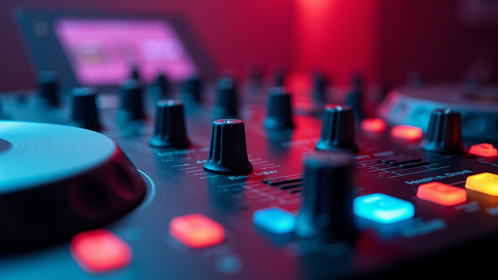 Close-up of DJ mixer with colorful buttons and lights