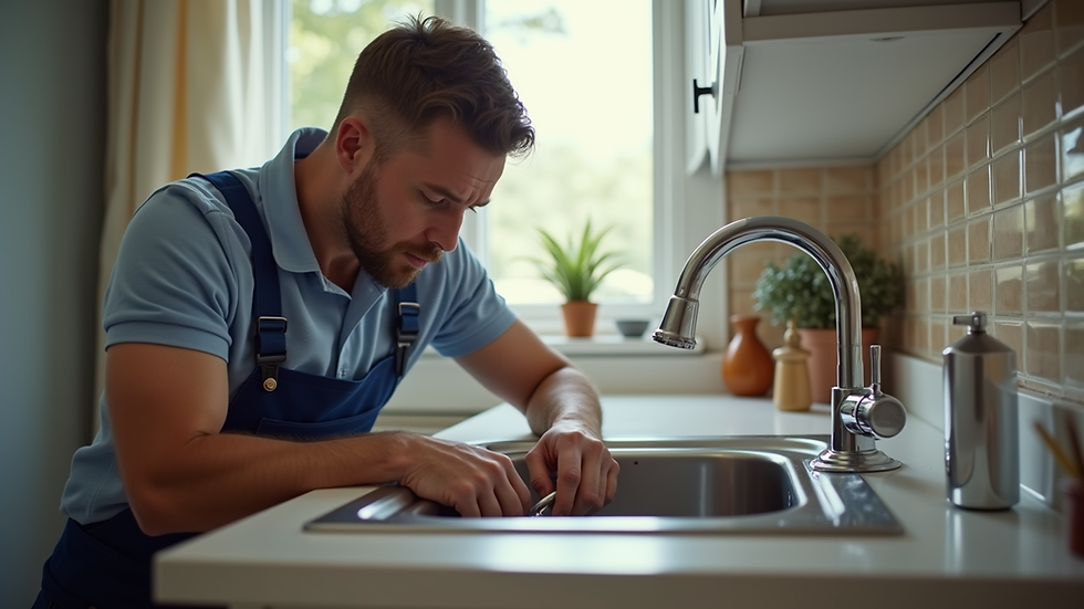 Eye-level view of a plumber fixing a kitchen sink in a residential home