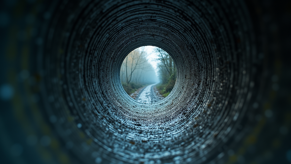 Eye-level view of sewer pipe inspection camera inside a pipe
