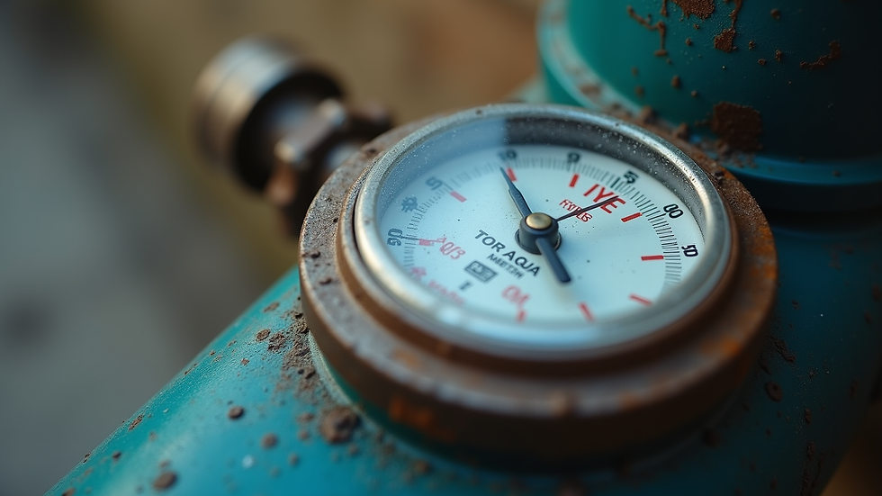 Eye-level view of water meter with a close-up on the dial