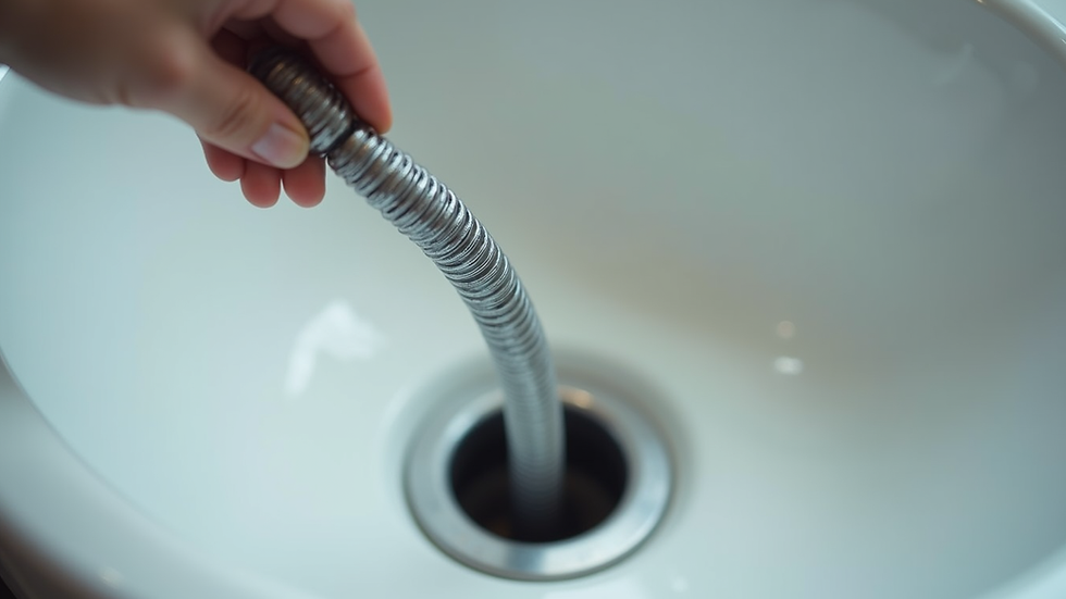 Close-up view of a drain snake tool inserted into a bathroom sink drain