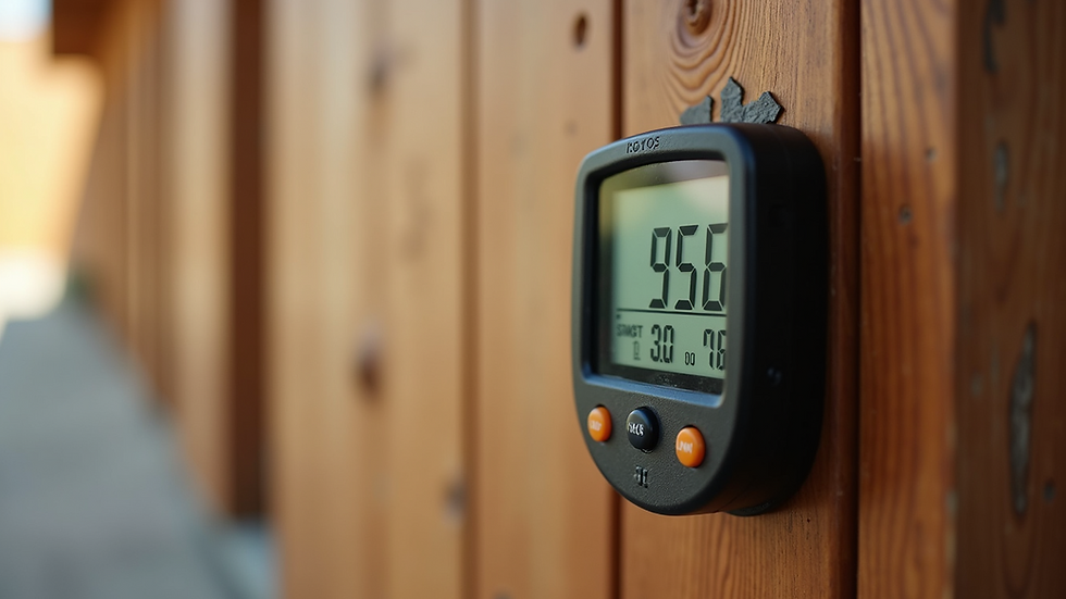 Close-up view of a digital moisture meter on a wooden wall