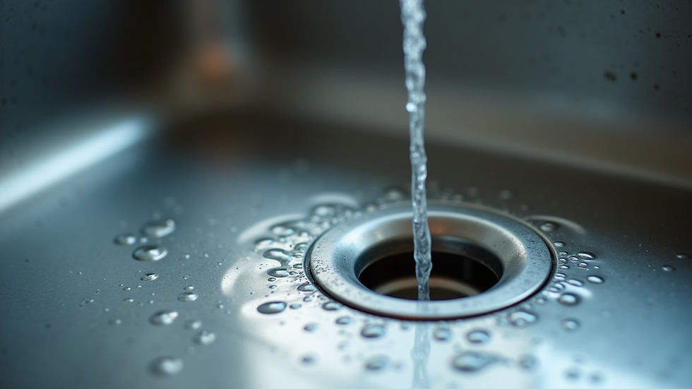 Close-up view of a kitchen sink drain with water flowing