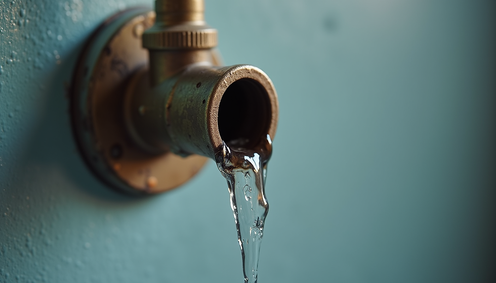 Close-up view of water heater drain valve with slight water leak