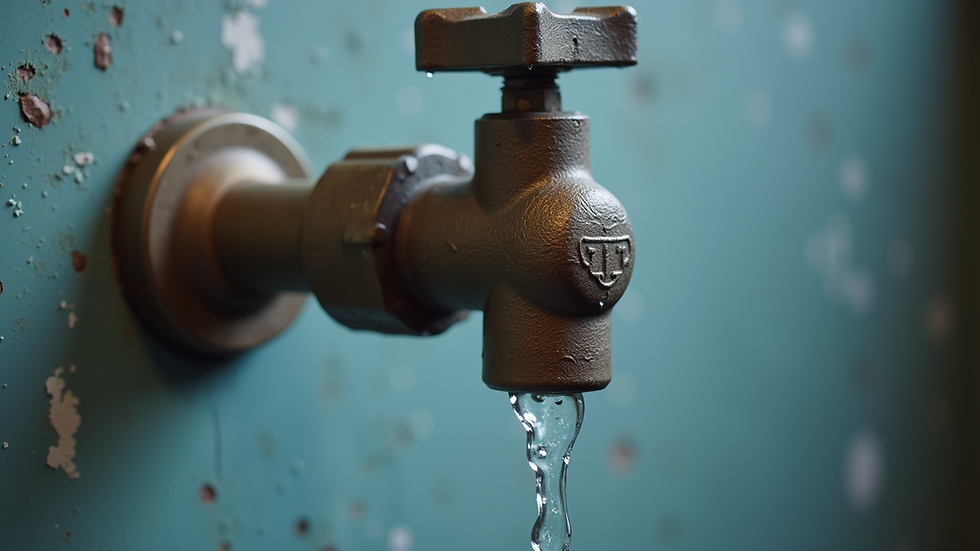 Close-up view of leaking water heater valve with water dripping