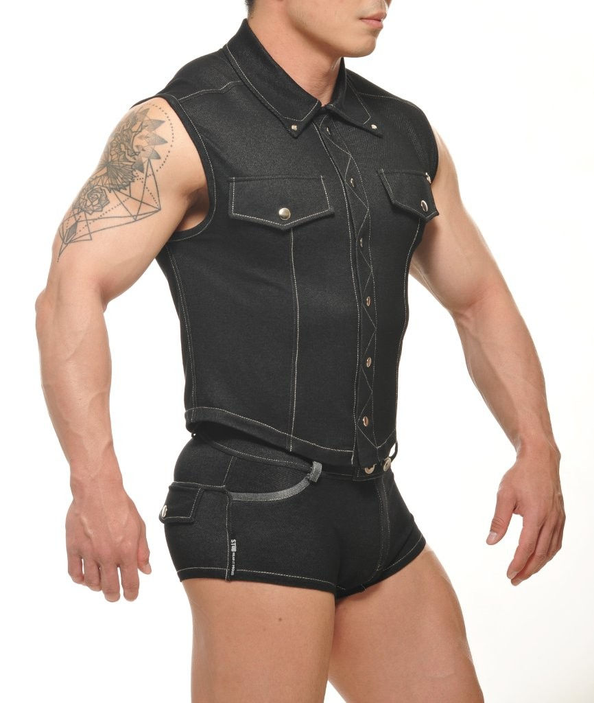 Black denim cowboy sleeveless muscle vest front view