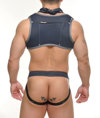 denim blue vest chest harness
