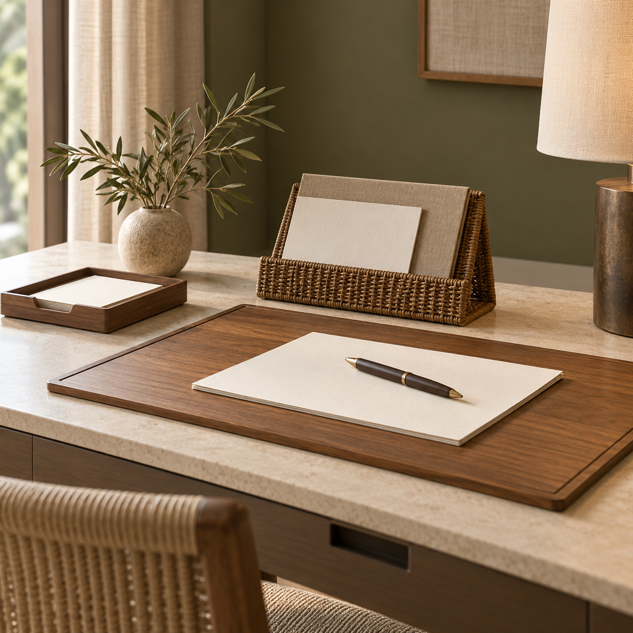 Contemporary teak hotel desk set