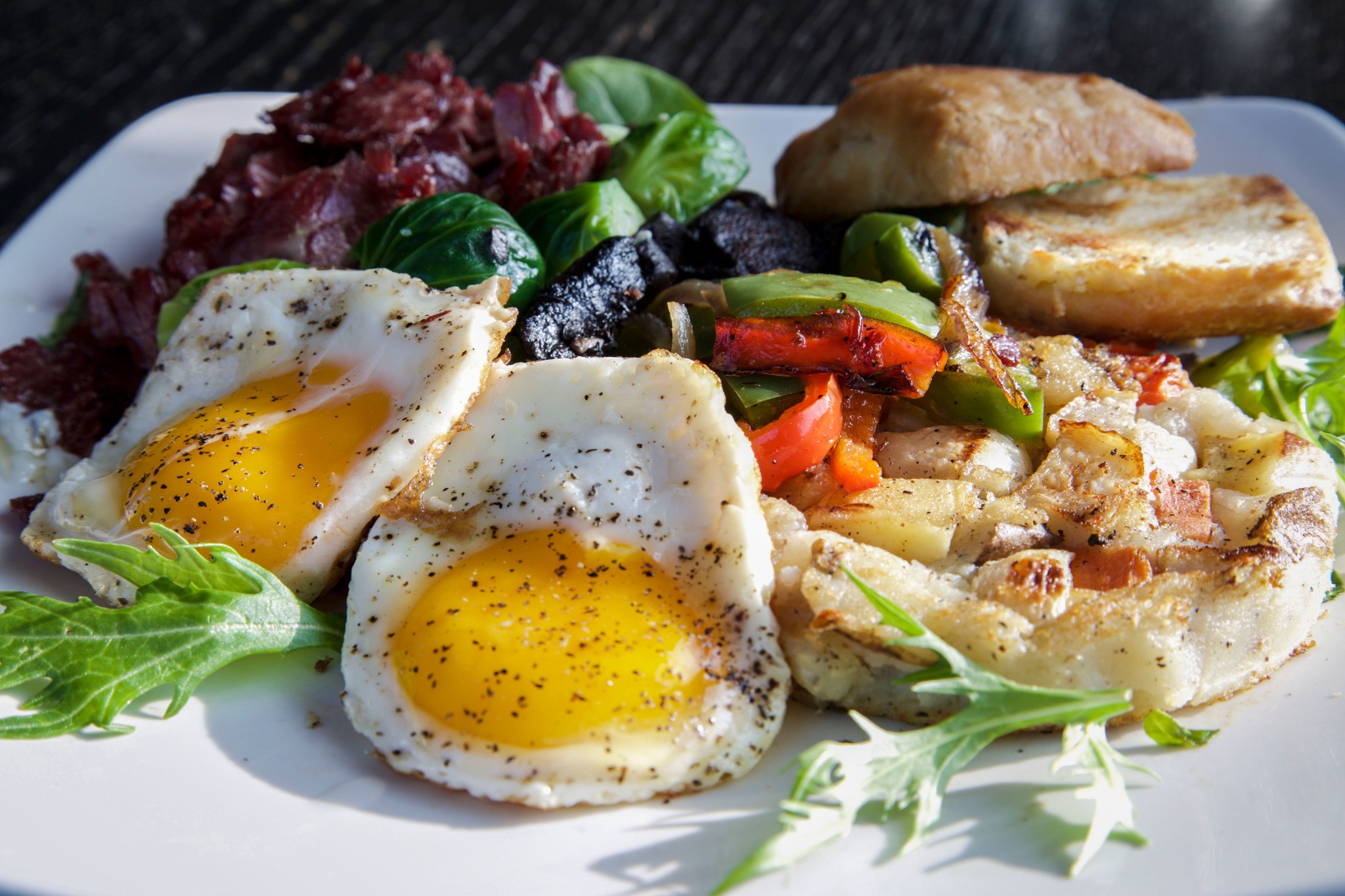 Chef Paolo brunch plate with eggs, vegetables and roasted potatoes