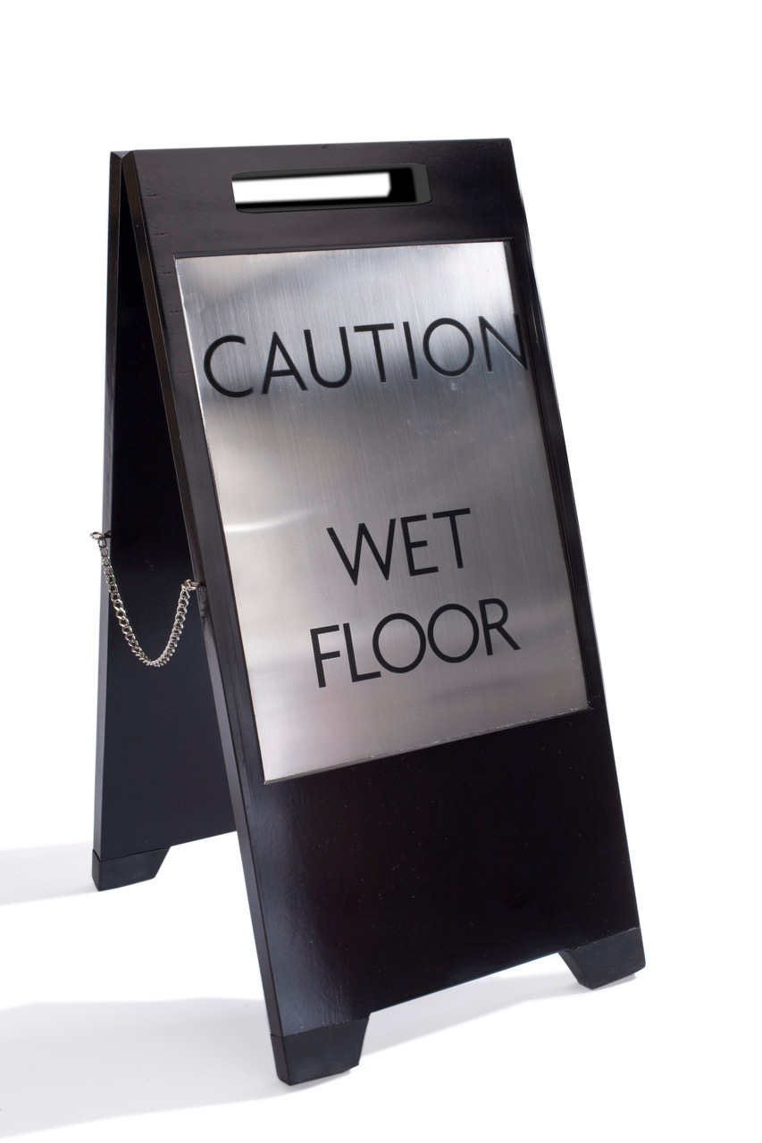 Teak-framed stainless steel wet floor sign