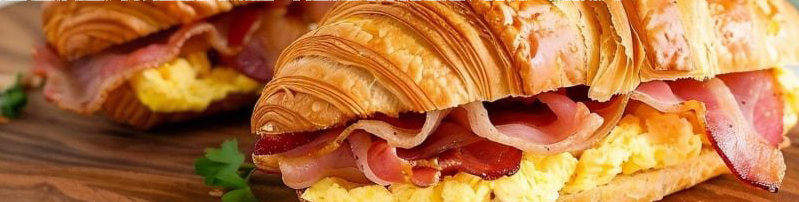 Breakfast croissants filled with eggs and cured ham